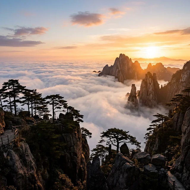 Sunrise over the sea of clouds at Huangshan — peaks rising from a white ocean