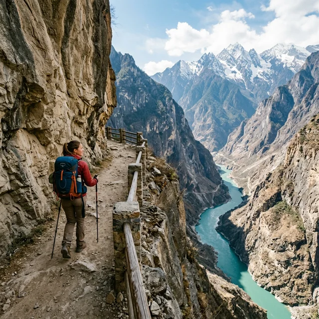 The high trail — narrow paths carved into cliff faces with the river 2,000 meters below