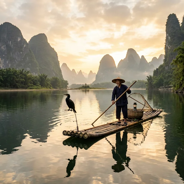 Cormorant fisherman on a bamboo raft at dawn — the Li River, Yangshuo