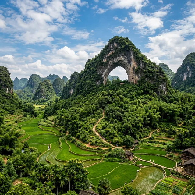 Moon Hill — a natural limestone arch shaped like a crescent moon, surrounded by rice terraces