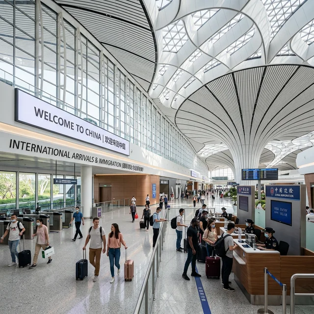 International arrivals at a futuristic Chinese airport terminal