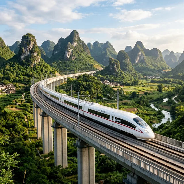 A sleek high-speed bullet train racing through a scenic karst mountain landscape