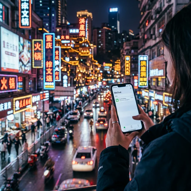 A traveler staying connected on a dynamic, neon-lit Chinese city street