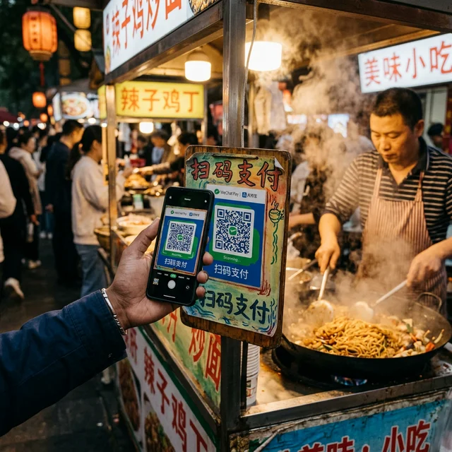 Scanning a QR code at a bustling Chinese street food stall